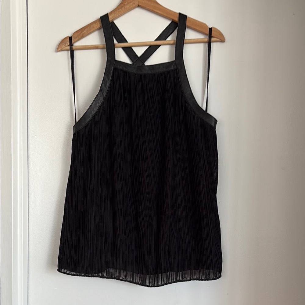 Derek Lam Black Pleated Tank Top with leather straps